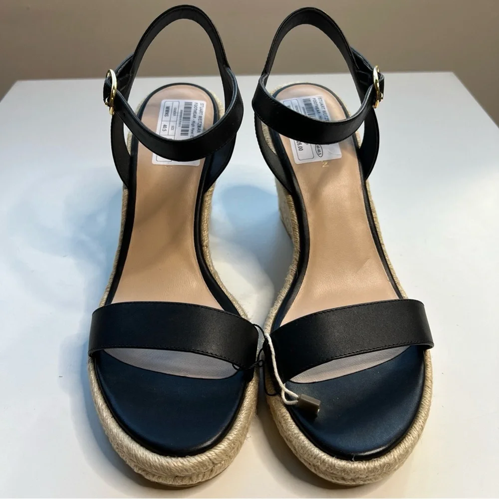 Stuart Weitzman Teddi Wedge Heel Leather Espadrille Sandals Womens 9.5 Black New